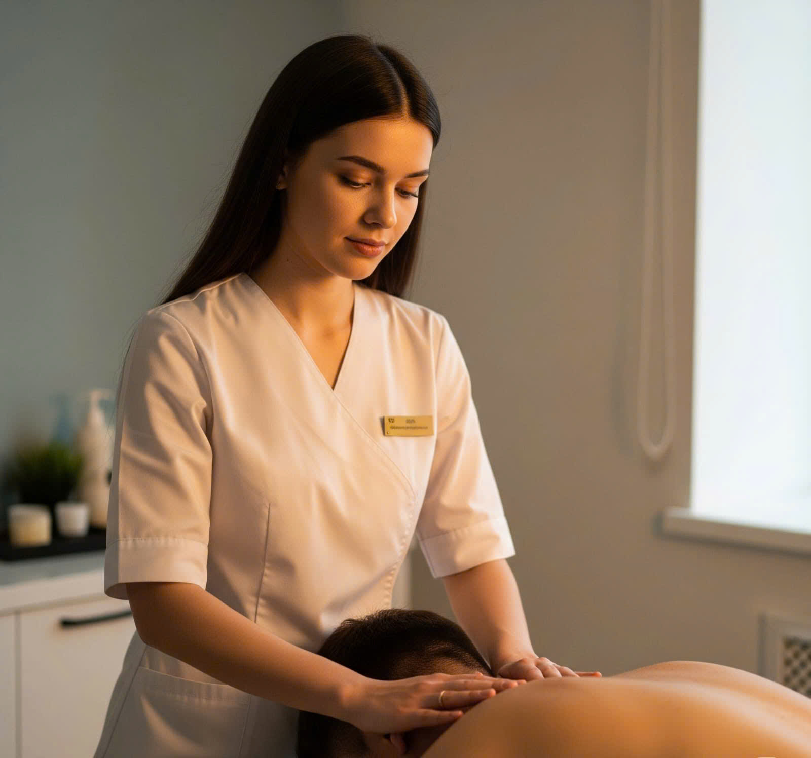 Professional massage therapist giving back massage to client